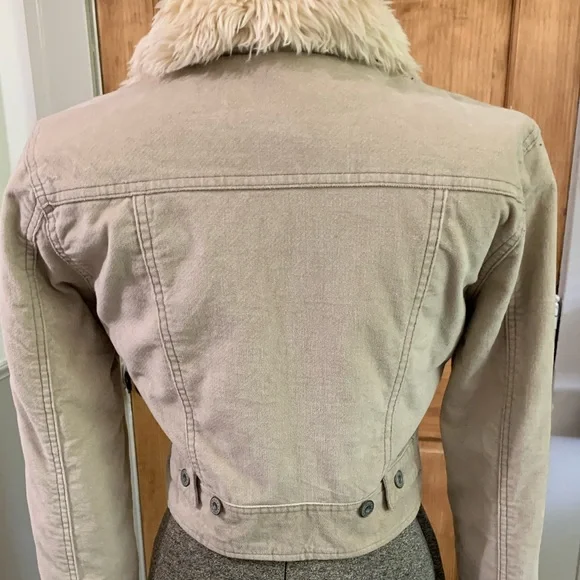 Trucker Jacket Medium Tan Cropped Faux Fur Cotton Outer Retro Penny Lane - Picture 4 of 11